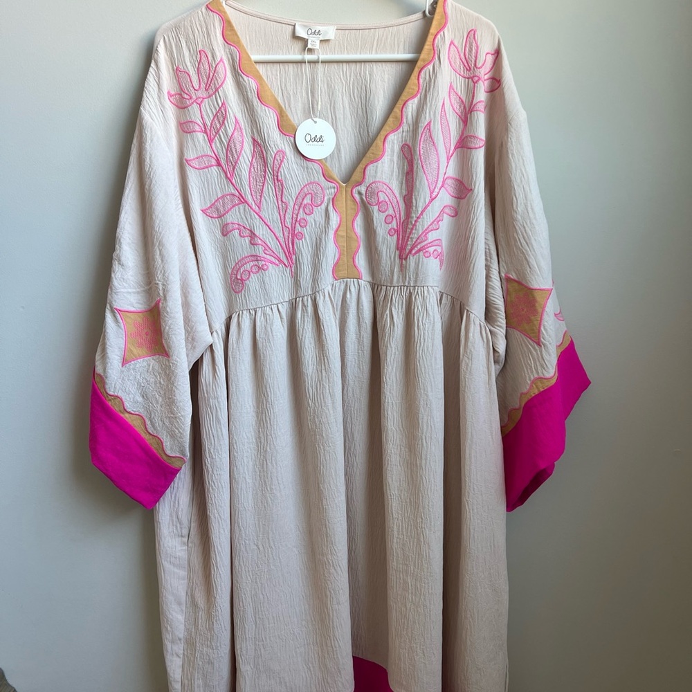 Odetta Pink-Accent Cream Embroidered V-Neck Dress